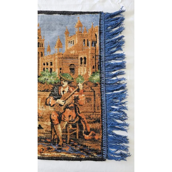 Vintage Spanish Woven Tapestry Table Runner • Flamenco Musicians Fringe • 40.5" - Picture 9 of 12